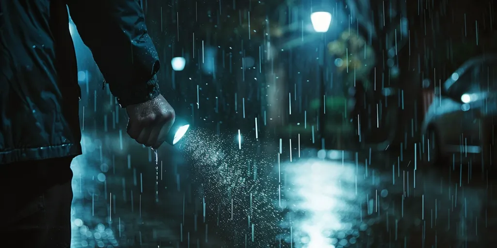 A person in a dark jacket walks through a rainy street at night, their hand holding a flashlight that illuminates the falling rain with a bright, blue light. The street is dark and blurry, with the rain creating a veil of vertical lines in the air. A streetlight glows in the distance, casting a faint light on the scene.  The image evokes a sense of mystery and solitude, highlighting the contrast between the bright flashlight and the dark, rainy environment.