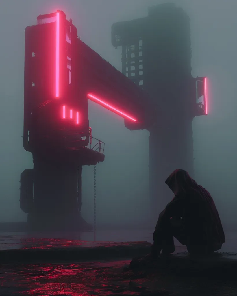 A lone figure sits in a desolate, foggy landscape, bathed in an eerie red glow. A towering, industrial structure with glowing neon lights looms in the background, casting long shadows. The scene evokes a sense of isolation and mystery. The figure's hooded silhouette suggests an unknown identity and a sense of introspection. The overall atmosphere is somber and evocative, hinting at a dystopian or futuristic setting.
