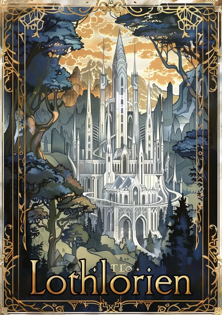 The image is a stylized depiction of Lothlórien, a fictional realm in J.R.R. Tolkien's fantasy world of Middle-earth. It showcases a majestic, white city with intricate towers and winding pathways, nestled amidst lush greenery and a breathtaking sunset sky. The golden frame adds an air of elegance and fantasy to the scene.  The title \