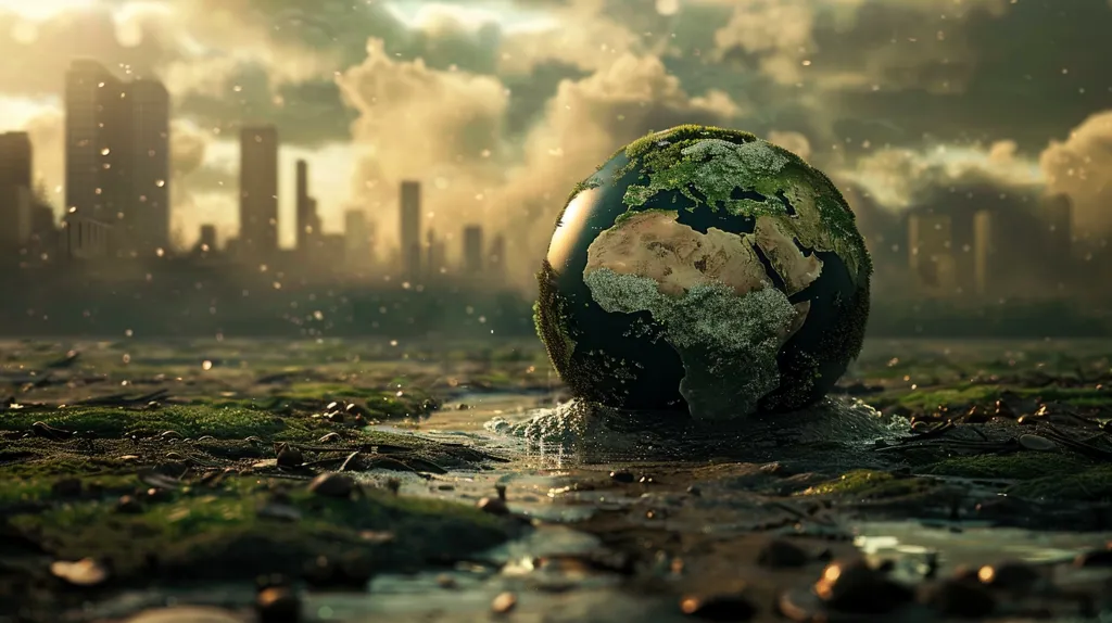 A 3D rendering of Earth, covered in moss and partially submerged in murky water, sits in the foreground. The background is a blurry image of a city skyline, suggesting a dystopian future where nature has reclaimed urban spaces. The scene conveys a sense of environmental degradation and the potential consequences of unchecked pollution.