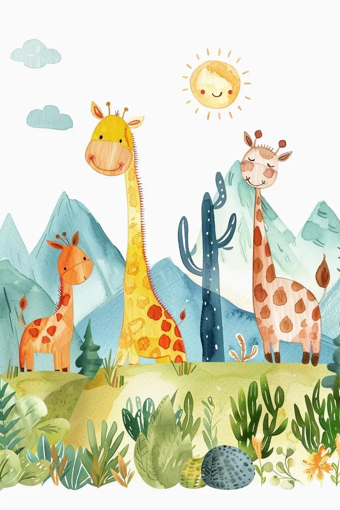 The image depicts a whimsical watercolor scene with three giraffes and a smiling sun. The giraffes are different sizes, with the largest one standing tall and the smallest one looking up at the other two. A cactus stands tall in the middle of the scene, and there are blue mountains in the background. Green foliage fills the bottom of the image, adding to the scene's playful and carefree nature.