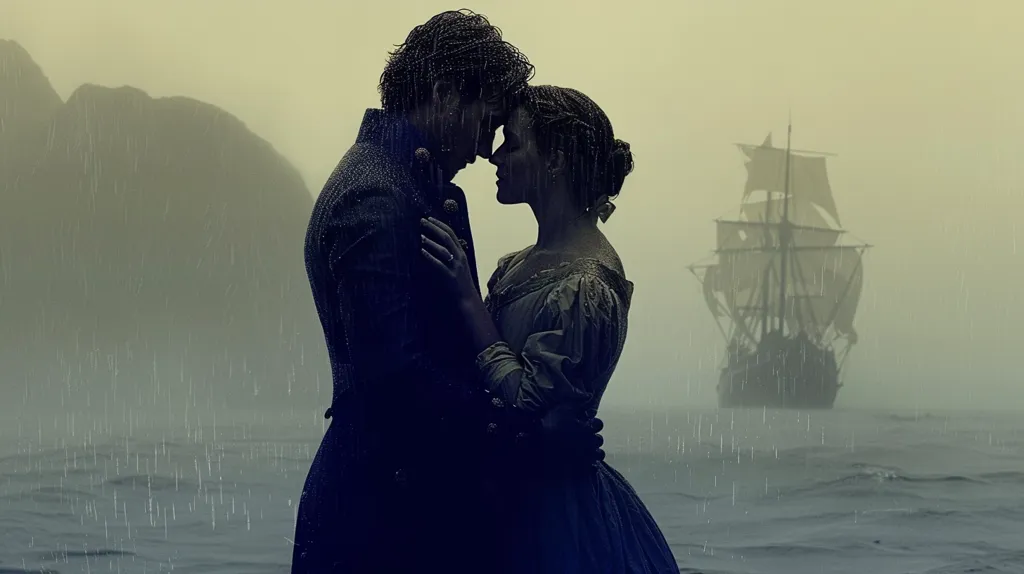 A man and woman stand face-to-face, lost in each other's gaze. They embrace, their silhouettes framed by the misty, rain-drenched seascape. A ship sails silently in the distance, a symbol of adventure and the vast unknown. The scene evokes a sense of love, mystery, and the longing for a life together.