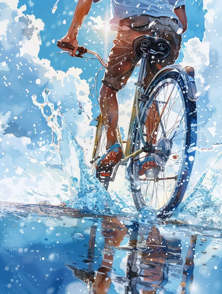 A person is riding a bicycle through a puddle, creating a large splash of water. The bike has a large rear wheel and the person is wearing shorts and a white t-shirt. The background is a blue sky with white clouds. The image is painted in a watercolor style.