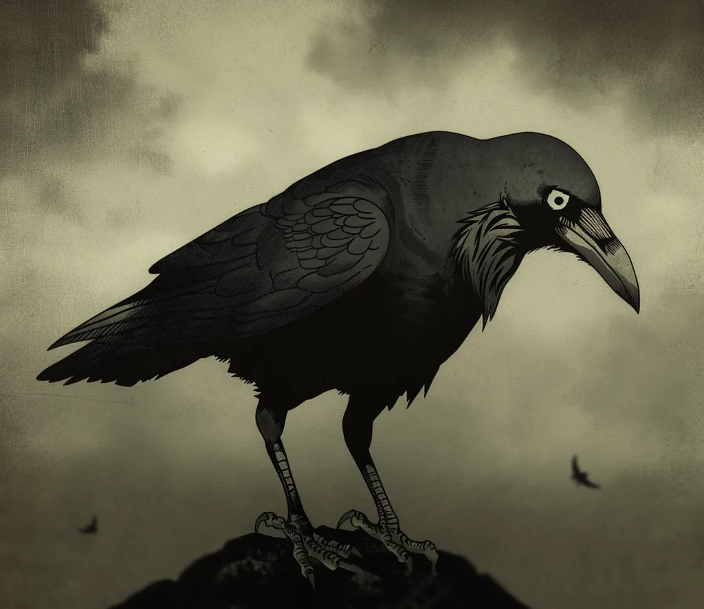 A black raven with sharp talons and a piercing gaze stands on a rock against a backdrop of cloudy, overcast skies. Its feathers are detailed and textured, and its long beak is slightly open. The image evokes a sense of mystery and intrigue.