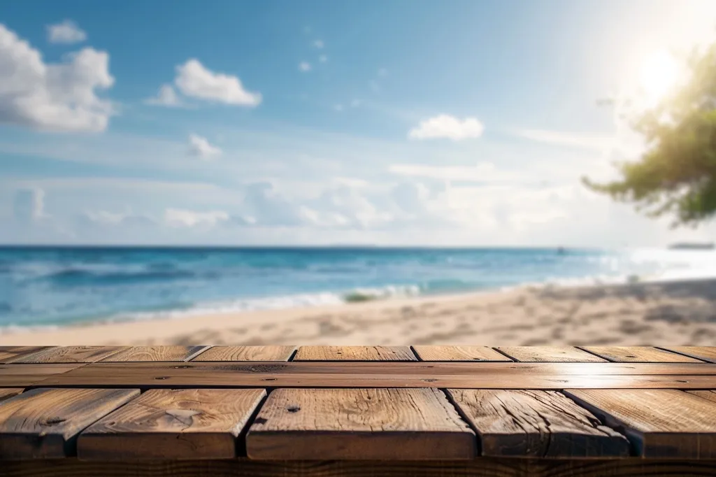 A rustic wooden table sits in the foreground, with a blurred background of a beautiful beach scene. The azure ocean waves gently lap the sandy shore under a bright blue sky dotted with fluffy clouds. The sun shines warmly, creating a tranquil and inviting atmosphere.
