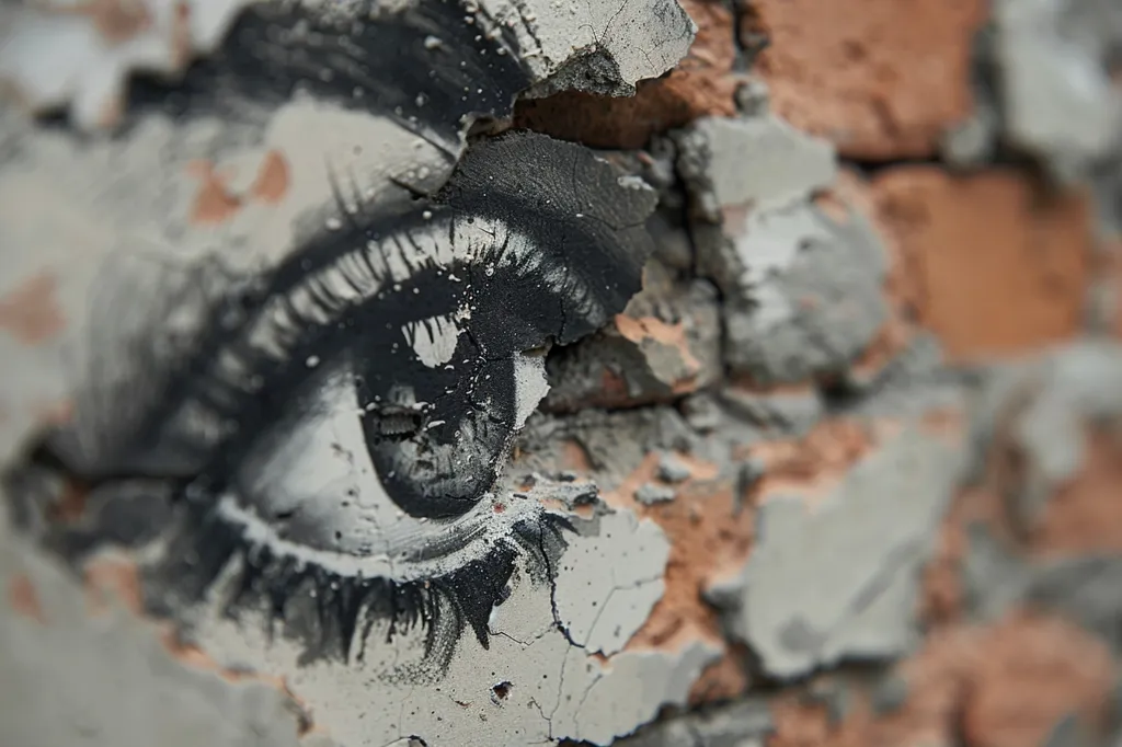A close-up of a brick wall with a painted eye. The eye is black and white with long eyelashes. The brick wall is cracked and chipped, with some of the paint flaking off. The image is in focus on the eye, and the background is blurred. The image suggests a sense of mystery and intrigue.