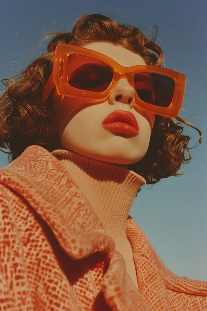 A woman with short, curly, red hair is wearing large, orange, square-shaped sunglasses. She is wearing a light orange, turtleneck sweater with a pink, patterned jacket over it. Her lips are painted a bright orange-red. She is looking directly into the camera with a serious expression on her face. The background is a bright blue sky.