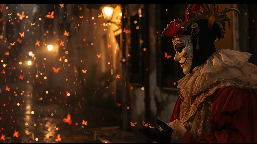 A person wearing a golden, red, and white Venetian masquerade mask and costume stands in a dimly lit alleyway.  The mask is intricately designed and features a large, expressive grin.  The person's hand is outstretched, and several butterflies flutter around it. The background is filled with golden lights and blurry shapes, creating an ethereal and magical atmosphere. The image is mysterious and whimsical, suggesting a tale of secrecy and enchantment.
