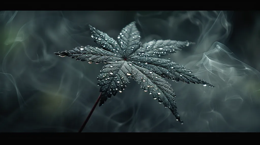 A single, dark green leaf with delicate veins is covered in water droplets and surrounded by wispy, ethereal smoke. The leaf appears to be floating in a misty, muted background, creating a sense of mystery and otherworldliness. The contrasting colors and textures create a captivating visual composition.