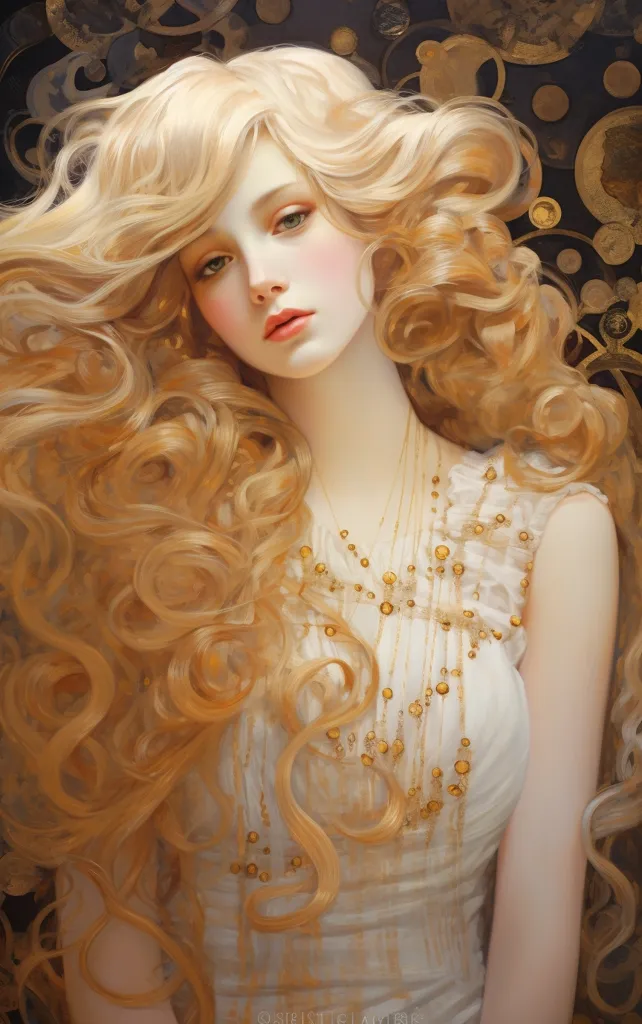 A woman with long, flowing blonde hair and fair skin is wearing a white dress adorned with a gold chain necklace. Her eyes are blue, and she has a soft, dreamy expression. The background is a blurred, abstract pattern of gold and brown. The image is soft and ethereal, with a sense of mystery and beauty.