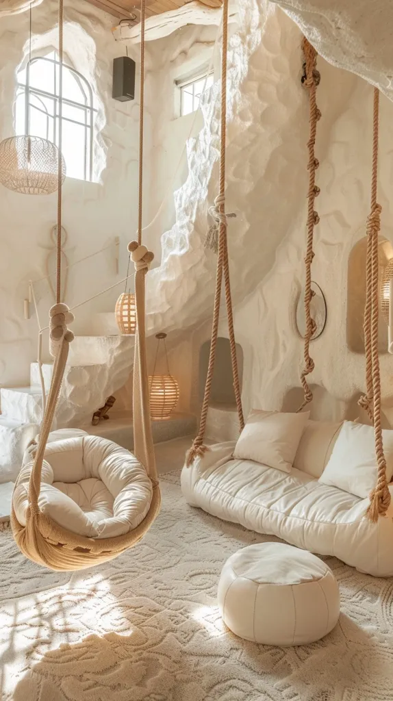 A light and airy living room with white walls and a soft, cream-colored rug. A white couch with plush cushions sits in the center of the room, accompanied by a white ottoman. Two hanging chairs, made of rope and fabric, add a touch of whimsy. Natural light streams through the windows, creating a warm and inviting atmosphere. The room features decorative elements, such as woven lanterns and a unique wall design, showcasing a modern and bohemian aesthetic.
