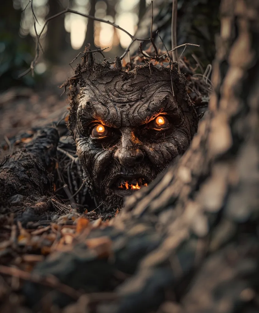 The image shows a monstrous, mud-covered creature with glowing yellow eyes and teeth. It is partially hidden in the thick roots of a tree, its expression menacing and its features distorted. The dark and shadowy forest environment adds to the unsettling and eerie atmosphere. The creature's menacing gaze suggests a sense of danger and foreboding.  The lighting highlights the creature's grotesque features.