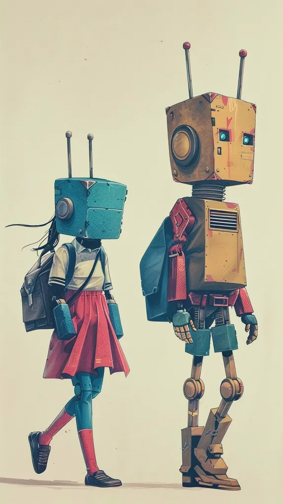 The image depicts two robots, one tall and one short. The tall robot is made of metal and has a boxy head with two antennas. The short robot has a blue head and is wearing a red skirt and white shirt. Both robots are wearing backpacks and have human-like limbs. The short robot is walking with one leg bent and the other leg straight. The tall robot is standing with one leg slightly bent and the other straight. The background is a pale yellow, suggesting they are standing on a sidewalk.