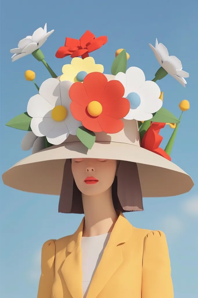 A woman with short brown hair, wearing a yellow blazer and a wide-brimmed hat adorned with large paper flowers in shades of white, red, and yellow, stands against a blue sky. The flowers are stylized and create a playful and whimsical contrast against the woman's simple attire. Her eyes are closed, and her lips are painted a vibrant red, adding a touch of elegance to the overall look.  The image is a vibrant and stylized depiction of femininity and the beauty of nature.
