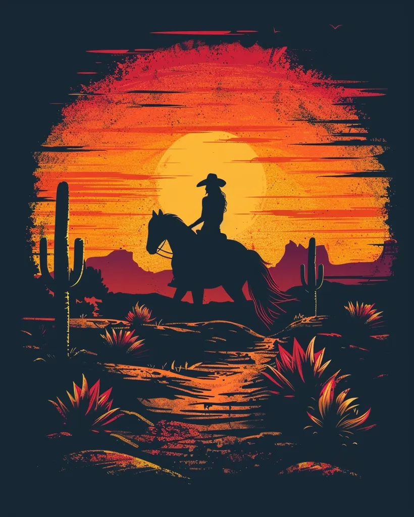 A lone cowgirl rides a horse across a desert landscape, silhouetted against a fiery sunset. The sky is a mix of orange, red, and yellow, with a large sun setting in the distance. The cowgirl wears a hat and has long hair. The horse is a dark silhouette with a long tail. The desert is barren and rocky, with cacti and other desert plants scattered throughout. The image has a vintage, retro feel, with a grainy texture.