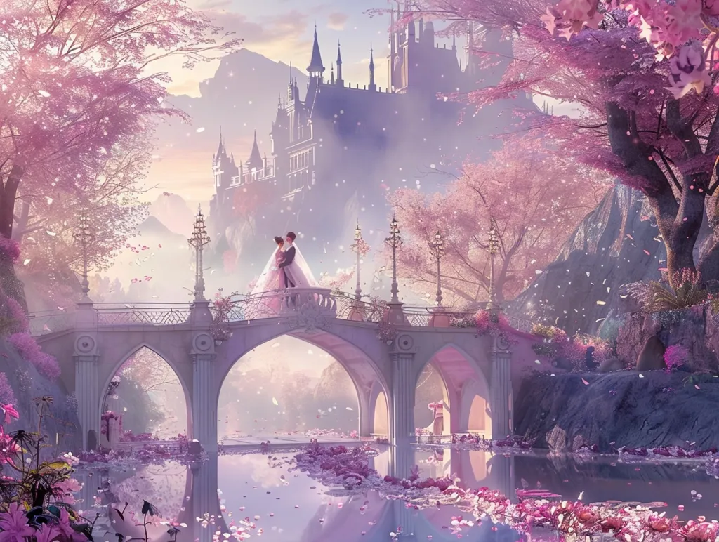 A fairytale scene with a bride and groom standing on a bridge, surrounded by blossoming pink trees. A large, ornate castle sits in the distance, covered in a soft, hazy glow. The air is filled with falling petals and a sense of romantic magic.  A small pond reflects the castle and trees, creating a dreamy, idyllic atmosphere.