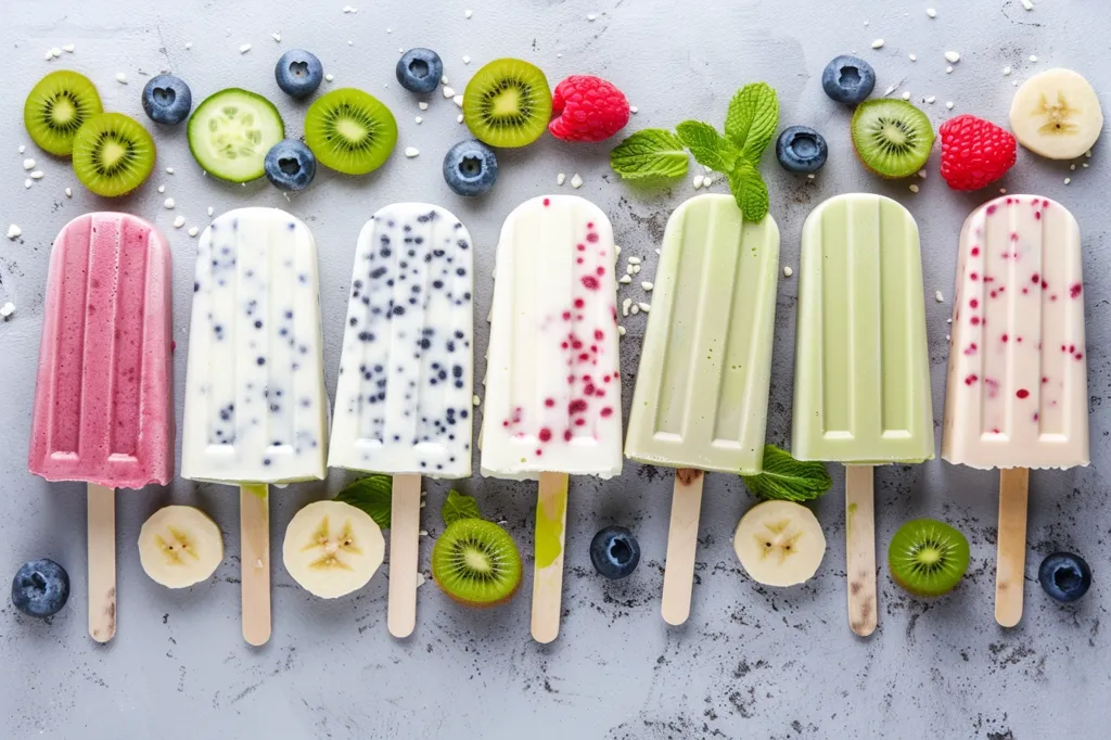 Six colorful popsicles are arranged on a light grey surface, with fruit slices and fresh mint scattered around them. The popsicles are made with different ingredients, including blueberries, raspberries, kiwi, banana, and cucumber. They are all frozen solid and ready to be enjoyed on a hot summer day.