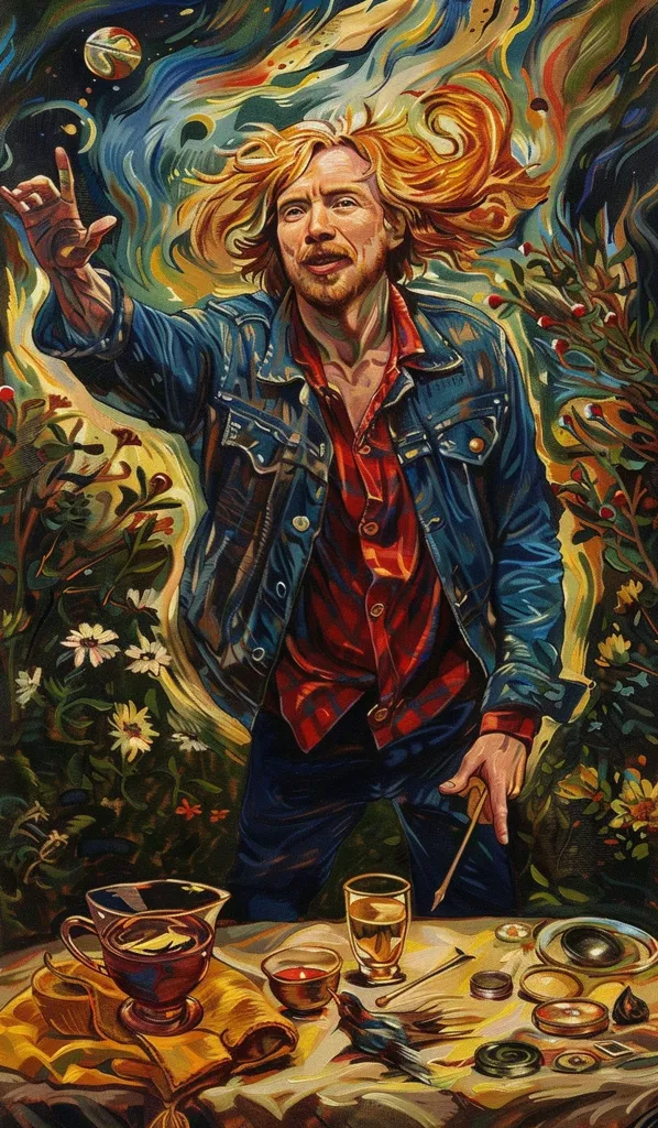 The painting depicts a man with long, flowing red hair, wearing a denim jacket over a red shirt and dark pants. He has a thoughtful expression and is reaching out with his left hand as if towards a swirling, colorful nebula above him. The scene is set in a lush, verdant forest with vibrant foliage and flowers. At the bottom of the painting, a table is set with a variety of objects including a pitcher of liquid, a glass of wine, and several small containers. A dead bird lies on the table, surrounded by the various objects. The painting is full of vivid colors and textures, creating a dreamlike and mysterious atmosphere.