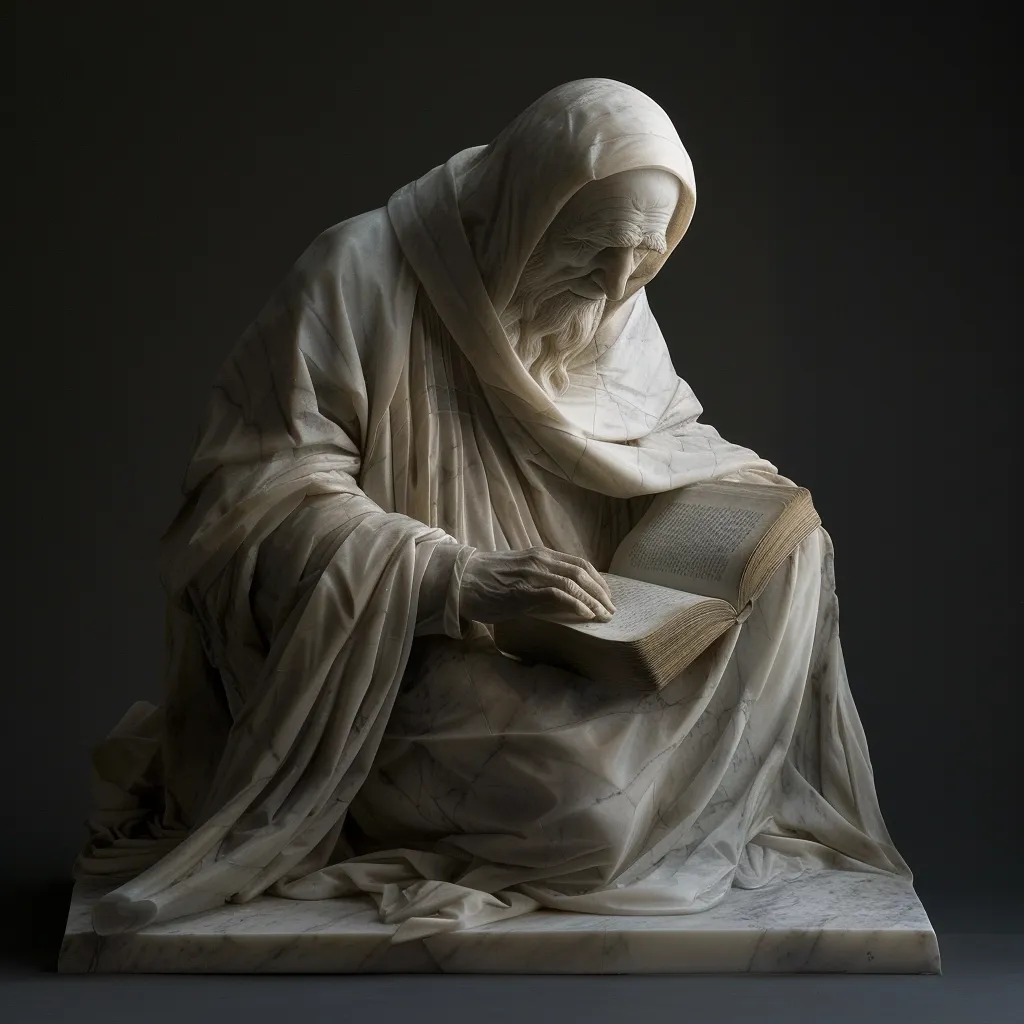 A marble sculpture of an elderly man sitting with his head bowed and eyes closed, deeply engrossed in reading a book. He is draped in flowing robes, and his long, white beard rests on his chest. The sculpture is intricately detailed, capturing the man's concentration and devotion to his reading. The soft lighting creates a sense of serenity and peace.  The sculpture is placed on a marble base, and the background is a simple, dark gray.