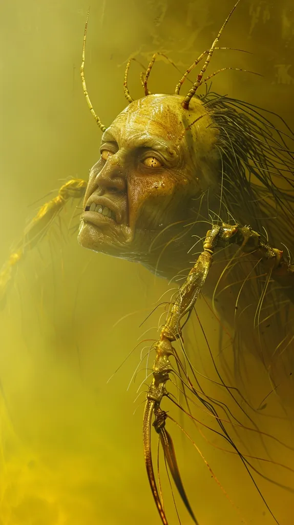 The image shows a grotesque, humanoid creature with a monstrous face and numerous spidery limbs. The creature is set against a hazy yellow background, giving the image an eerie and unsettling feel. The creature's face is contorted in a menacing expression, with wide, yellow eyes and a gaping maw revealing sharp teeth. Its limbs are thin and spindly, resembling those of an insect, further adding to the image's sense of horror.
