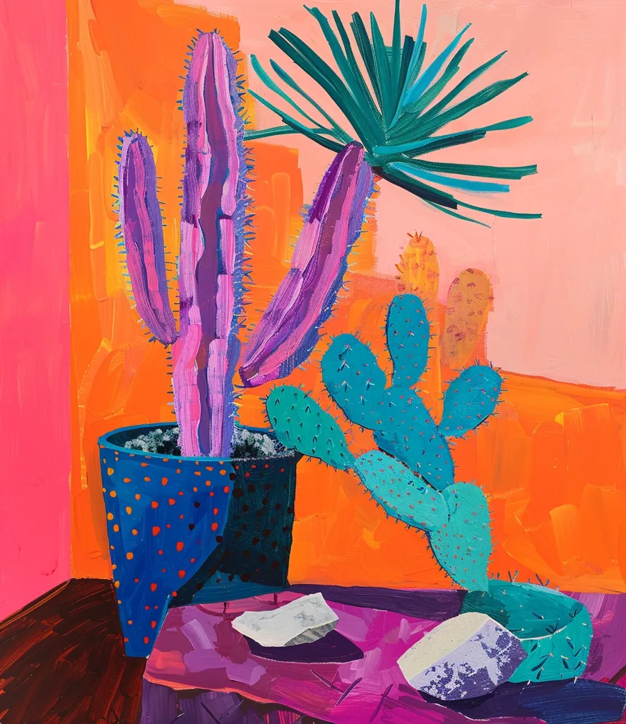 The painting depicts a still life featuring a vibrant, purple cactus in a blue polka-dotted pot. A green, prickly pear cactus emerges from the pot, reaching out towards the right. A palm-like plant with green fronds adds a tropical touch. The background features a bright orange wall with a pink accent, creating a contrast to the cool colors of the cacti. Two white rocks lie on a purple surface in the foreground. The artwork captures a whimsical and stylized interpretation of a desert landscape.
