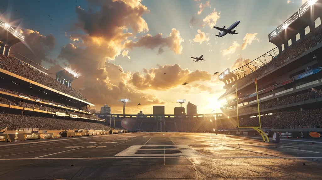 An empty football field sits under a stunning sunset with fluffy clouds and multiple airplanes flying overhead. The stadium is packed with fans on both sides of the field, and the golden light shines on the grassy surface. The scene conveys a sense of anticipation and excitement for the upcoming game.