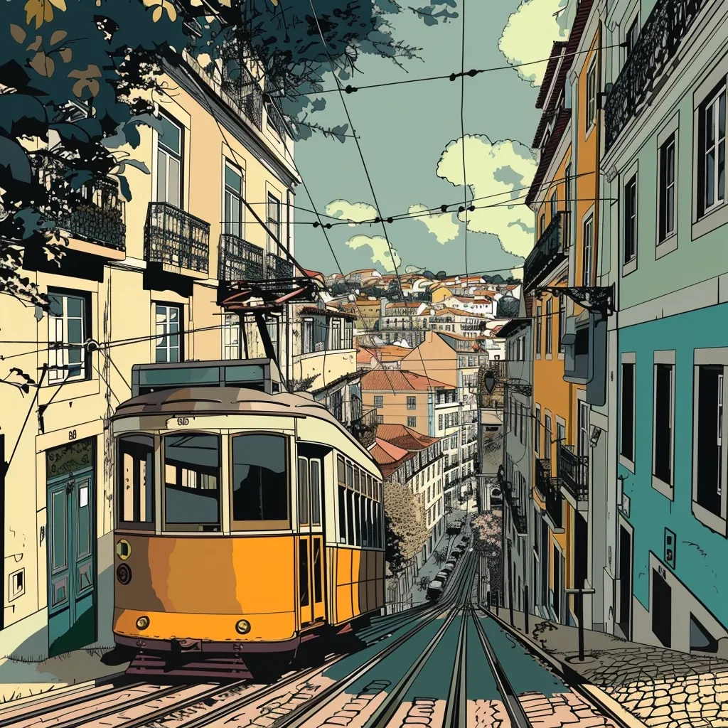 A yellow tram ascends a steep, cobblestone street in a European city. Tall buildings line the street, their windows reflecting the vibrant sky. The tram's windows reveal glimpses of the bustling cityscape beyond, creating a sense of movement and energy. Overhead wires hum with electricity, powering the tram through the narrow streets. The image captures the charm and history of a European city, where traditional transport blends seamlessly with modern life.