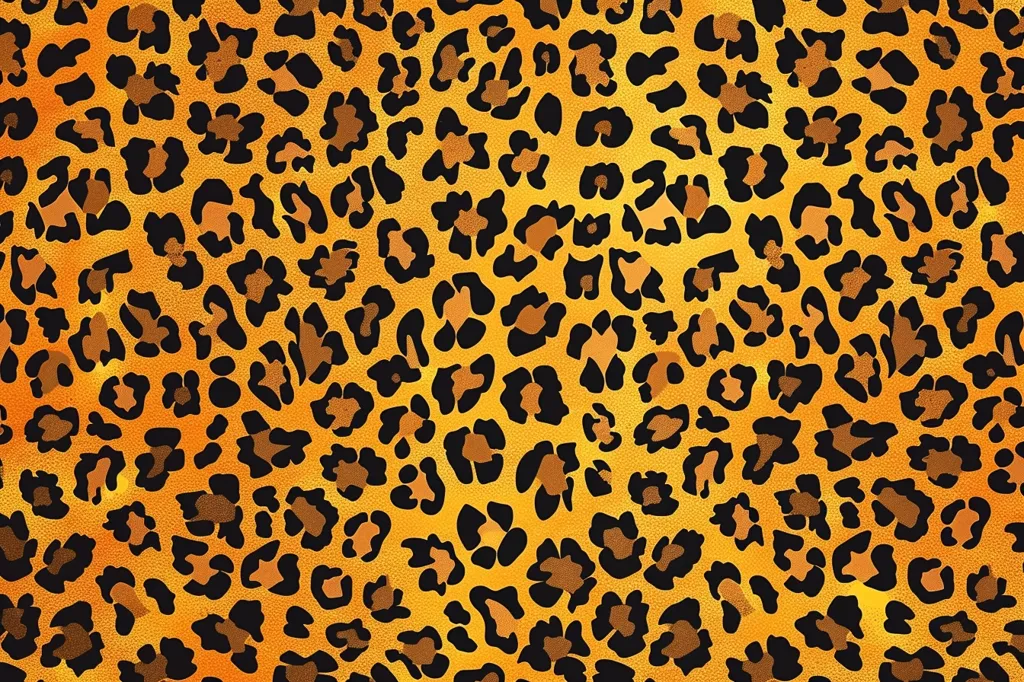 The image is a close-up of a leopard print pattern. The background is a bright orange with a slight shimmer. The spots are black and brown, and they are of varying sizes and shapes. The pattern is repeated throughout the image, creating a seamless design.