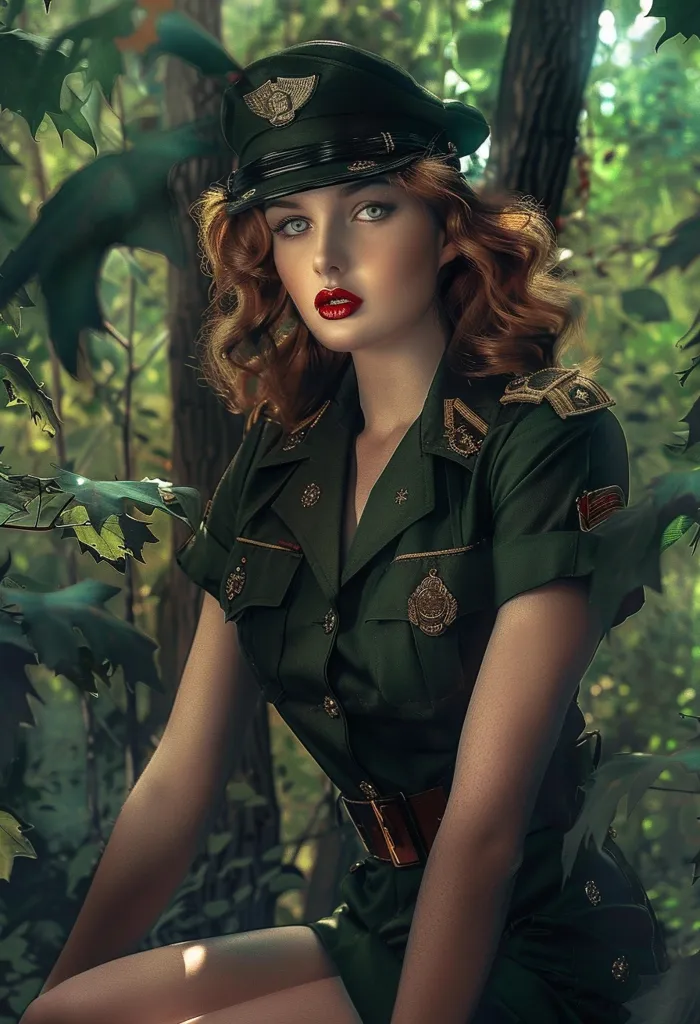 A woman with long, red hair is wearing a green military-style uniform with gold accents. She has a serious expression and is looking directly at the camera.  Her red lips and green uniform stand out against the backdrop of lush, green foliage. She appears to be posing for a photograph.  The image conveys a sense of strength and determination.