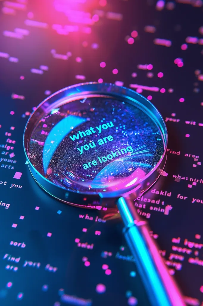 A magnifying glass rests on a surface with random text scattered around it. The glass is focused on the words "what you you are are looking". The surface is illuminated with a vibrant pink and blue glow, creating a digital aesthetic.  The image suggests the concept of searching for something specific in a vast amount of information.