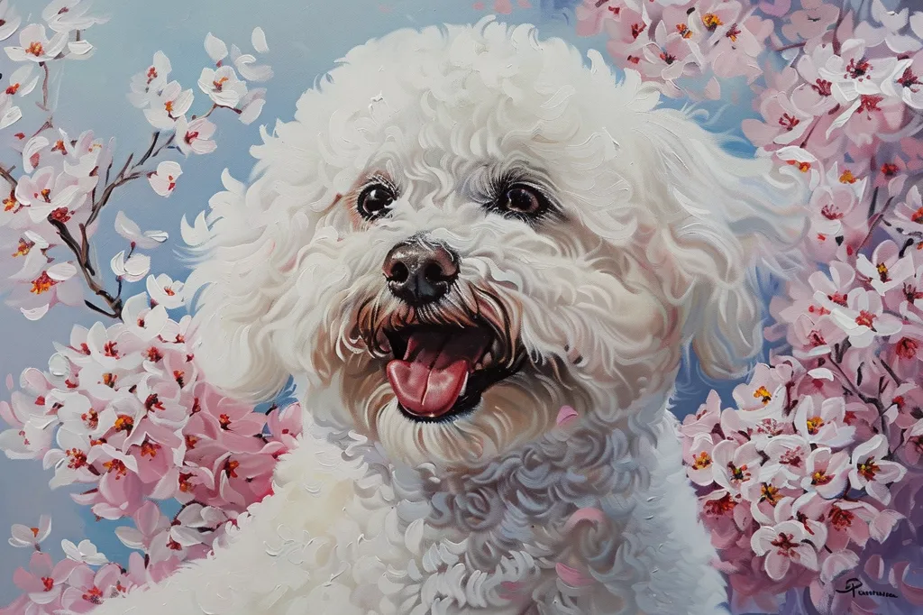 A white, fluffy dog with a pink tongue sticking out sits in front of a backdrop of pink cherry blossom flowers. The dog's fur is meticulously painted and the background blurs gently, giving the piece a soft, whimsical feel. The painting is a realistic depiction of a dog and flowers, with a focus on the dog's playful expression.  The overall effect is one of joy and beauty.