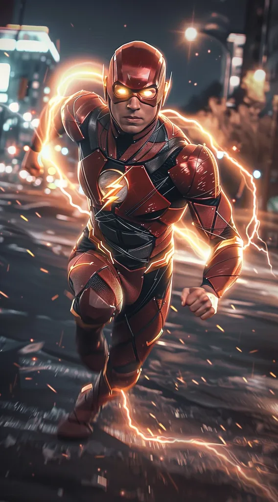 The Flash, a superhero in a red and black suit with a lightning bolt symbol on his chest, runs through a city street at super speed. The speed creates a trail of yellow light behind him, and there is a blur of light and motion as he moves. The background is out of focus, but there is a sense of urgency and action.