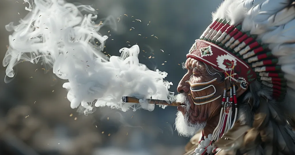 An elderly Native American man wearing a traditional headdress and intricate facial markings smokes a pipe, producing a plume of white smoke that swirls and dances in the air. The man's face is etched with wisdom and experience, his eyes closed as he inhales the fragrant smoke.
