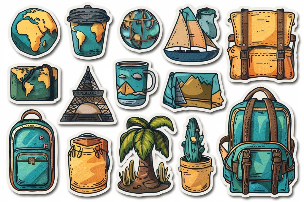 The image shows a collection of stickers featuring travel-themed illustrations. There are backpacks, a globe, a sailboat, a palm tree, a cactus, a coffee cup, a tent, and a tower with "Versailles" written on it. The stickers are drawn in a cartoon style, with bright colors and a textured background.