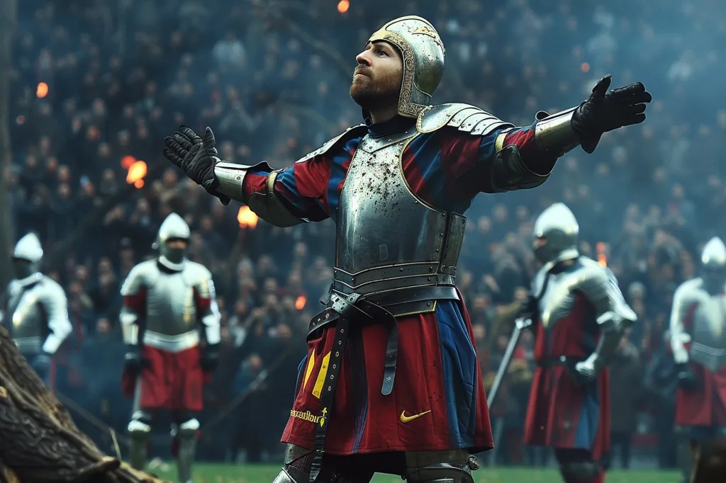 A knight in full armor stands with arms raised in front of a crowd. He is wearing a red and blue tunic, silver breastplate, and a helmet with a plume. He is surrounded by other knights in similar armor, and the crowd is cheering. The scene is dramatic and powerful, evoking images of medieval battles and chivalry.
