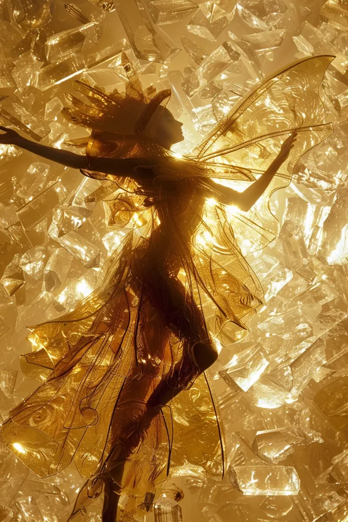 The image is a silhouette of a woman with wings, she is wearing a flowing dress and her wings are outstretched. The background is a jumble of golden, fractured pieces of glass that are catching the light and creating a sparkling effect. The image evokes a sense of magical fantasy and ethereal beauty.