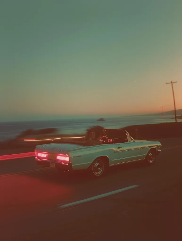 A vintage convertible car drives along a coastal highway at dusk. The car's headlights illuminate the road ahead, while the taillights cast a warm glow behind it. The setting sun creates a soft, orange light over the horizon, casting long shadows across the scene. The sky is a gradient of blue, fading into a light green towards the top. The photo captures a moment of peaceful tranquility.