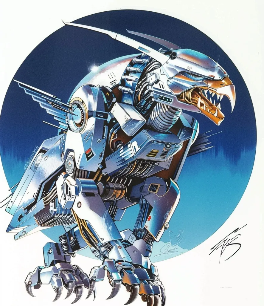 A detailed illustration of a futuristic, metallic creature with a bird-like head and powerful talons. The creature is depicted in a dynamic pose, its wings spread and its claws extended. The image is rendered in a high level of detail, with intricate mechanical components visible throughout the creature's body. The creature's design suggests a blend of organic and technological elements, creating a sense of both power and beauty. The artwork is rendered in shades of silver, blue, and gold, highlighting the creature's sleek and powerful form.  A signature is in the bottom right corner.