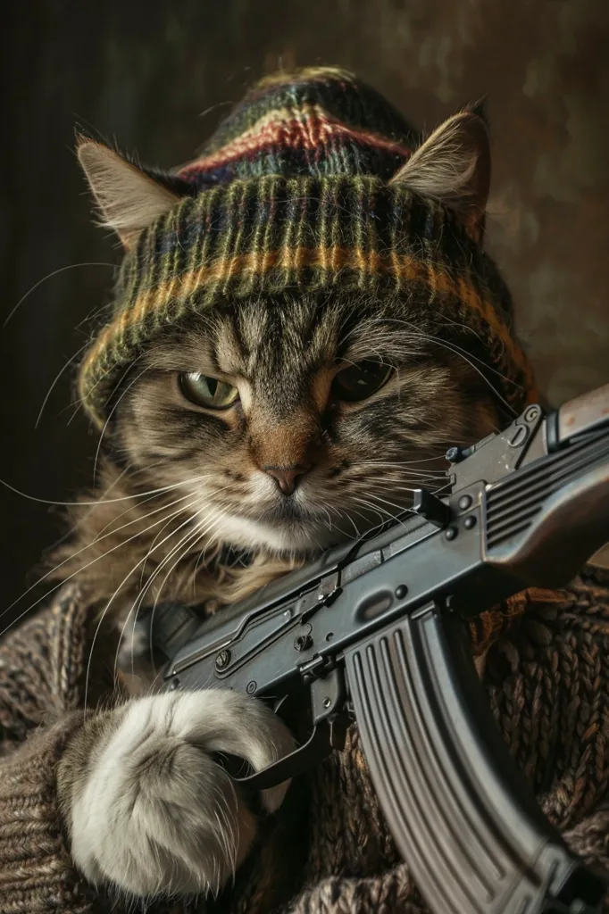 A cat, wearing a colorful knitted hat and a brown sweater, holds a black rifle with its paw. The cat has a serious expression on its face and its eyes are focused on the rifle. The image is a humorous and unexpected combination of a cute animal and a dangerous weapon. The background is blurred, giving the image a sense of depth and focus.