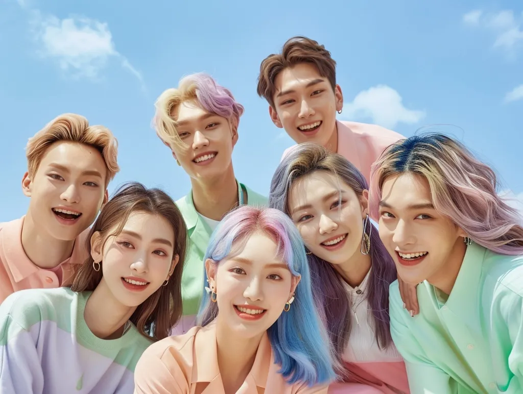Seven young people are smiling brightly at the camera. They are all wearing pastel colors and have stylish hairstyles, with some of them sporting colorful streaks.  The background is a light blue sky with fluffy white clouds, suggesting a sunny day. The group's youthful energy and colorful attire evoke a cheerful and playful vibe.