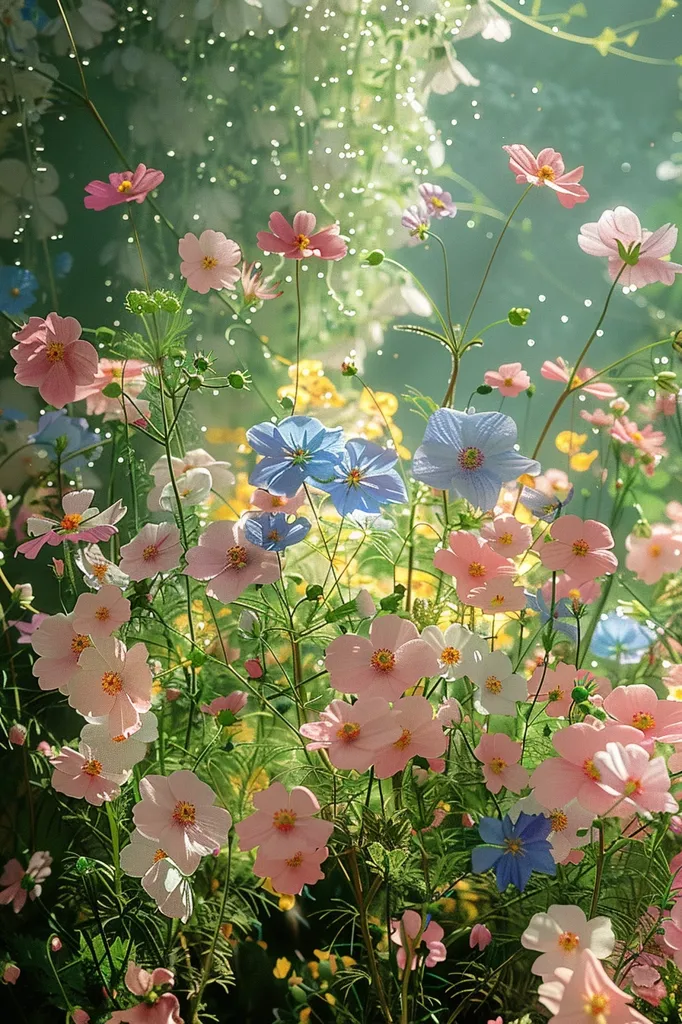 The image shows a field of blooming flowers in soft hues of pink, blue, and white. The delicate blossoms are surrounded by lush green foliage and bathed in a soft, ethereal glow. Some of the flowers are facing towards the light, while others are gently swaying in the breeze. The overall effect is one of tranquility and beauty.