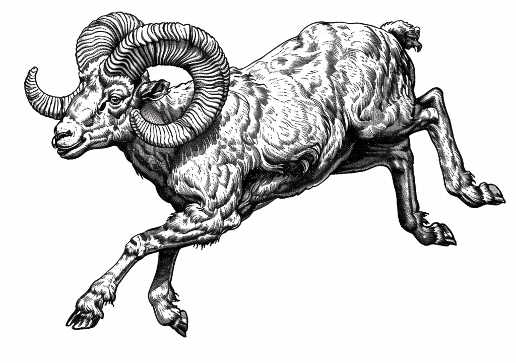 The image is a black and white illustration of a ram running. The ram is depicted in a dynamic pose, with its legs outstretched and its head turned to the side. The ram's horns are large and curled, and its body is covered in a detailed and textured fur. The illustration is drawn with a bold, expressive style. The image captures the strength and agility of the animal.