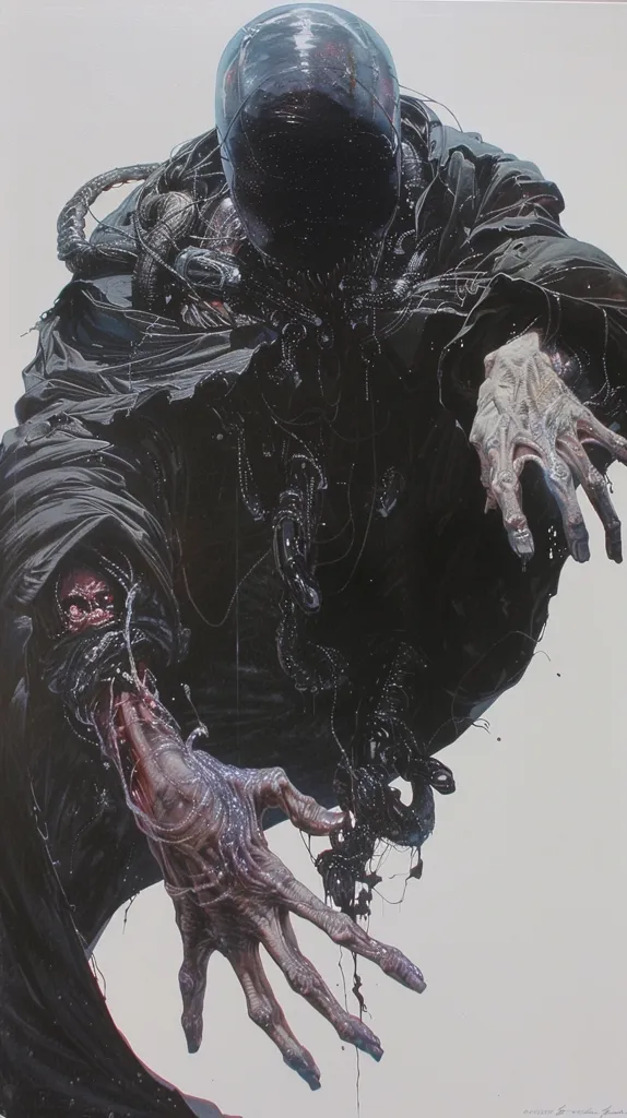 The image depicts a creature with a dark, shadowy figure, its face obscured by a helmet. It has a long, flowing cloak, and its flesh seems to be intermingled with a network of black veins. The creature's hand, exposed at the bottom, is fleshy and distorted, with long, slender fingers. The image is evocative of a dark and haunting presence.