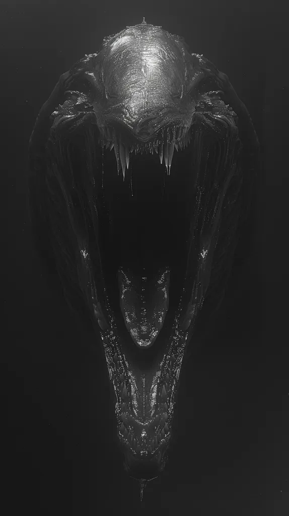 The image depicts a close-up of a monstrous creature's gaping maw. Its mouth is wide open, revealing rows of sharp teeth and a dark, gaping void within. The creature's skin appears rough and textured, with a subtle sheen that catches the light. The overall impression is one of fear and impending danger. The image is rendered in shades of gray, creating a sense of mystery and unease.