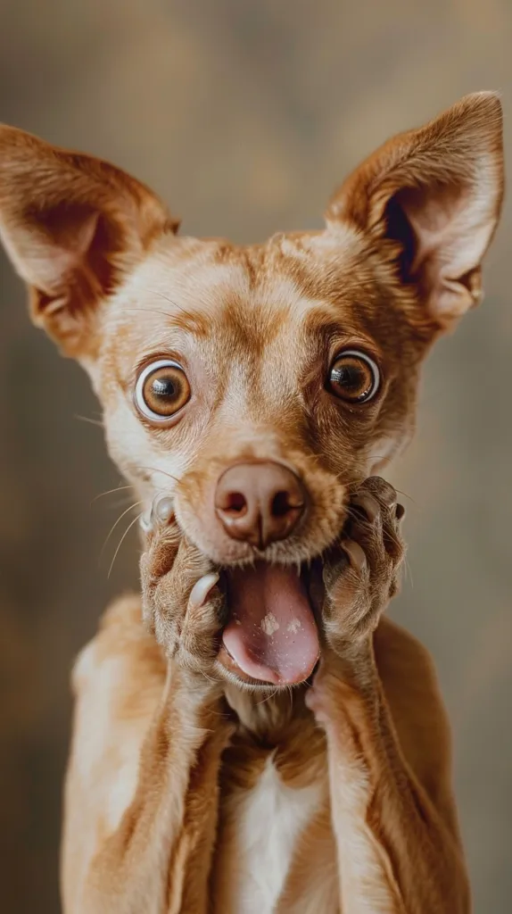 A small brown and white dog with big, round eyes looks startled, with its mouth open and tongue sticking out. Its paws are raised in front of its face, as if it is surprised or scared. The dog has a soft, fluffy coat and a cute, innocent expression.  The background is out of focus, highlighting the dog.  The image is taken from a slightly low angle, creating a sense of intimacy.  The overall feeling of the image is one of playful surprise or shock.