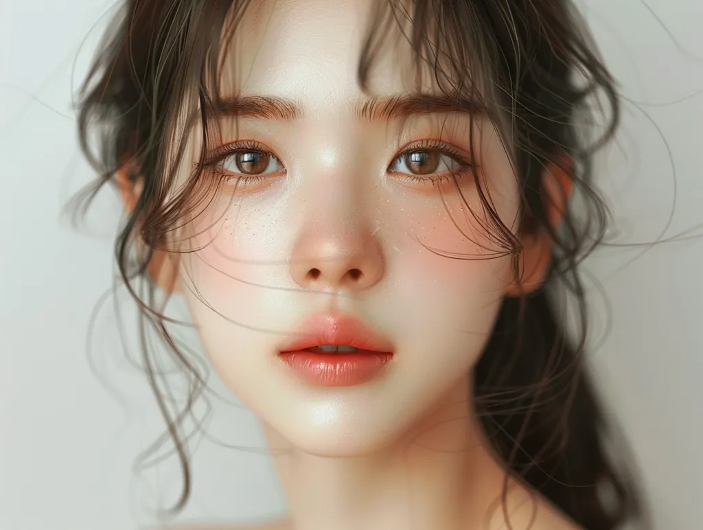 The image shows a close-up of a young woman's face. Her dark hair frames her face, and her large, brown eyes gaze directly at the viewer. Her skin is flawless and smooth, with a hint of blush on her cheeks. She has a soft, natural look, with her lips slightly parted. The image is soft and intimate, capturing the beauty of a young woman's face.