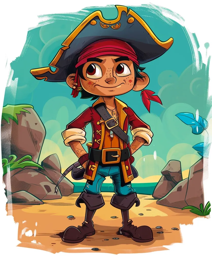 A young pirate stands on a sandy beach with a confident smile. He is wearing a red and black pirate outfit with a tricorn hat, a belt with a buckle, and a necklace. He has dark brown hair and big brown eyes. The beach is decorated with large rocks and lush green plants. The background features a blue ocean and a sky with white clouds.