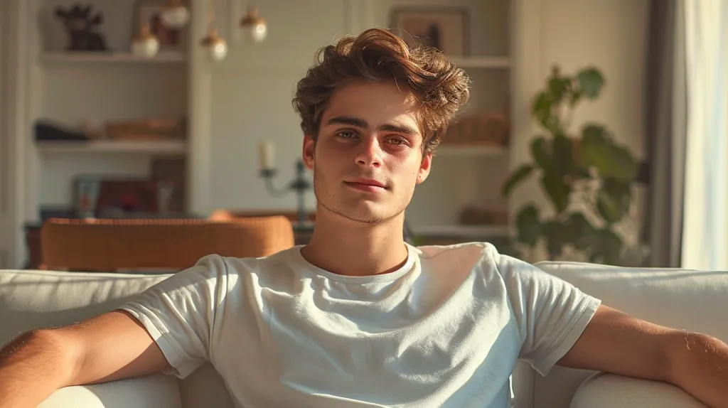 A young man with brown hair sits on a white couch in a living room. He is wearing a plain white t-shirt and is looking directly at the camera. The background is blurred and shows a bookshelf, a plant, and a window with sunlight shining through.  He has a relaxed and comfortable expression.  The image captures a moment of quiet contemplation.