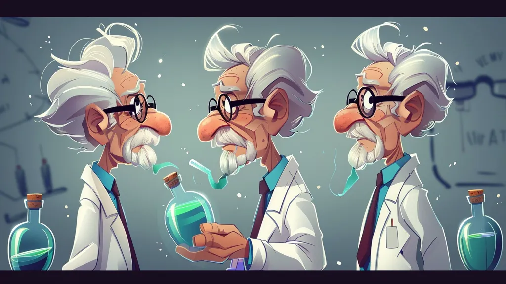 The image depicts a cartoon scientist with a long white beard and glasses, wearing a lab coat and holding a glass bottle containing a glowing green liquid. His facial expressions and posture suggest a thoughtful or mischievous demeanor. The background features a blurry lab setting with scientific diagrams. The illustration uses bright colors and a dynamic composition, creating a playful and imaginative scene.