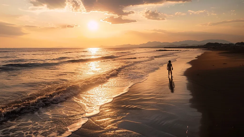 A lone figure walks along the shoreline of a sandy beach, the setting sun casting a warm glow over the tranquil scene.  The ocean waves gently lap at the shore, reflecting the golden light of the sunset.  The silhouette of the person is visible against the bright sky, highlighting the vastness of the beach. The image captures a sense of peace and solitude.